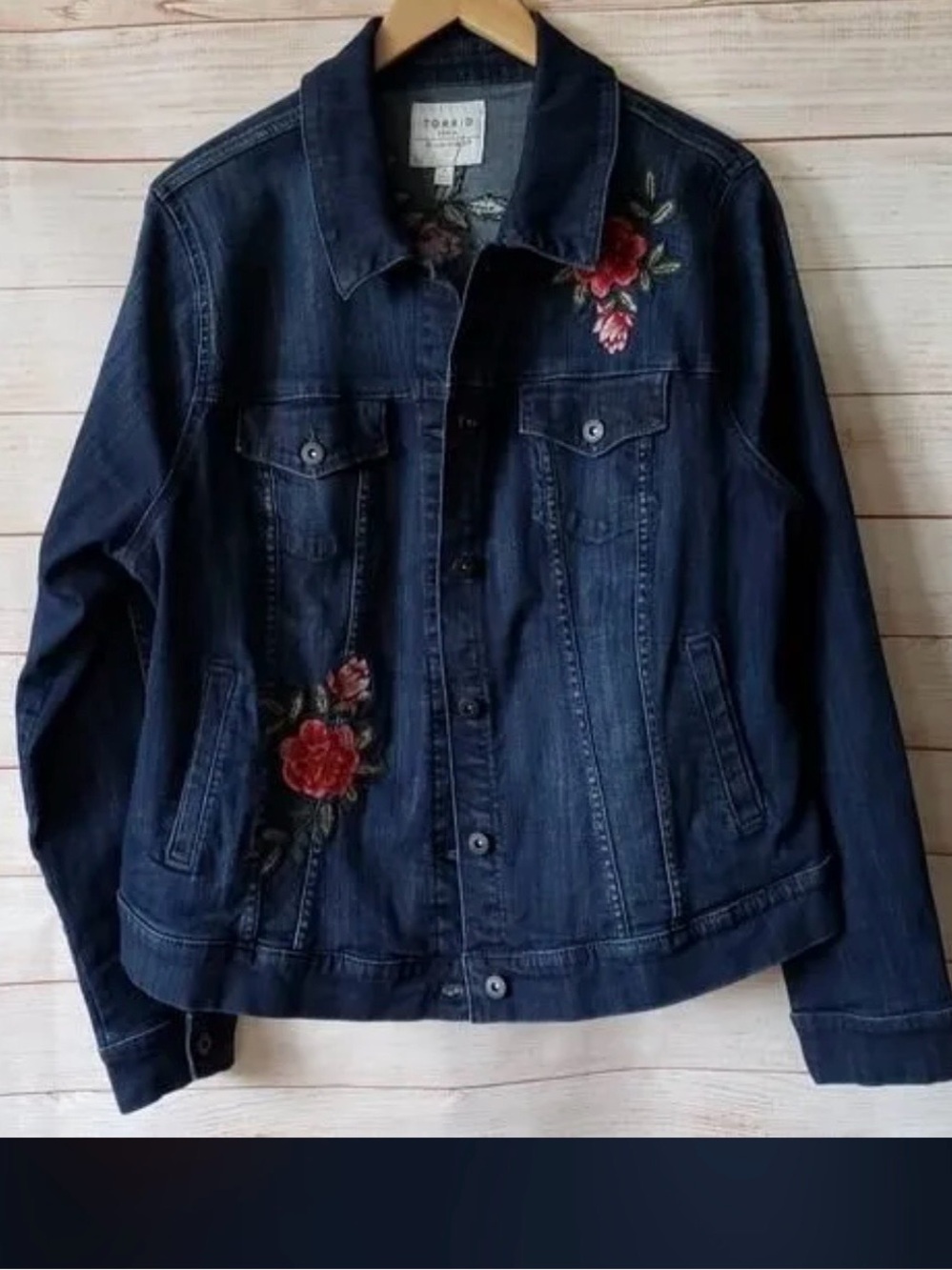 torrid Dark Blue Denim Jacket with Red Floral Embroidery